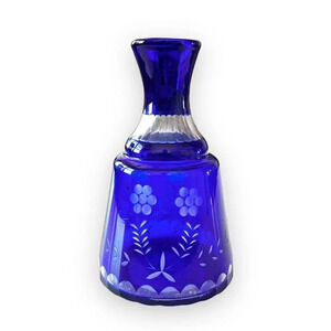 Bohemian Glass Cobalt Blue Cut to Clear Crystal Water Decanter Flask Vase No Cup